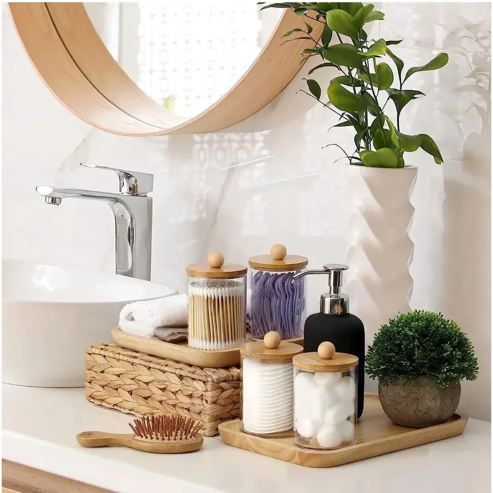 4 Pack Qtip Holder Dispenser with Bamboo Lids Clear Plastic Bathroom Storage